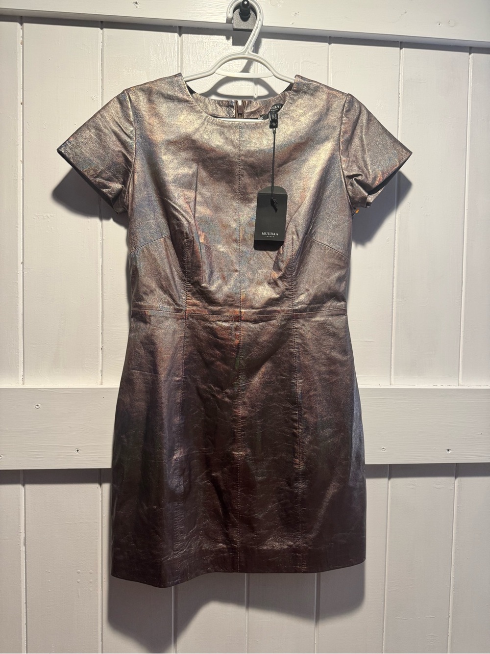 Muubaa Iridescent Metallic Mini Dress in Bronze with Pewter Sheen